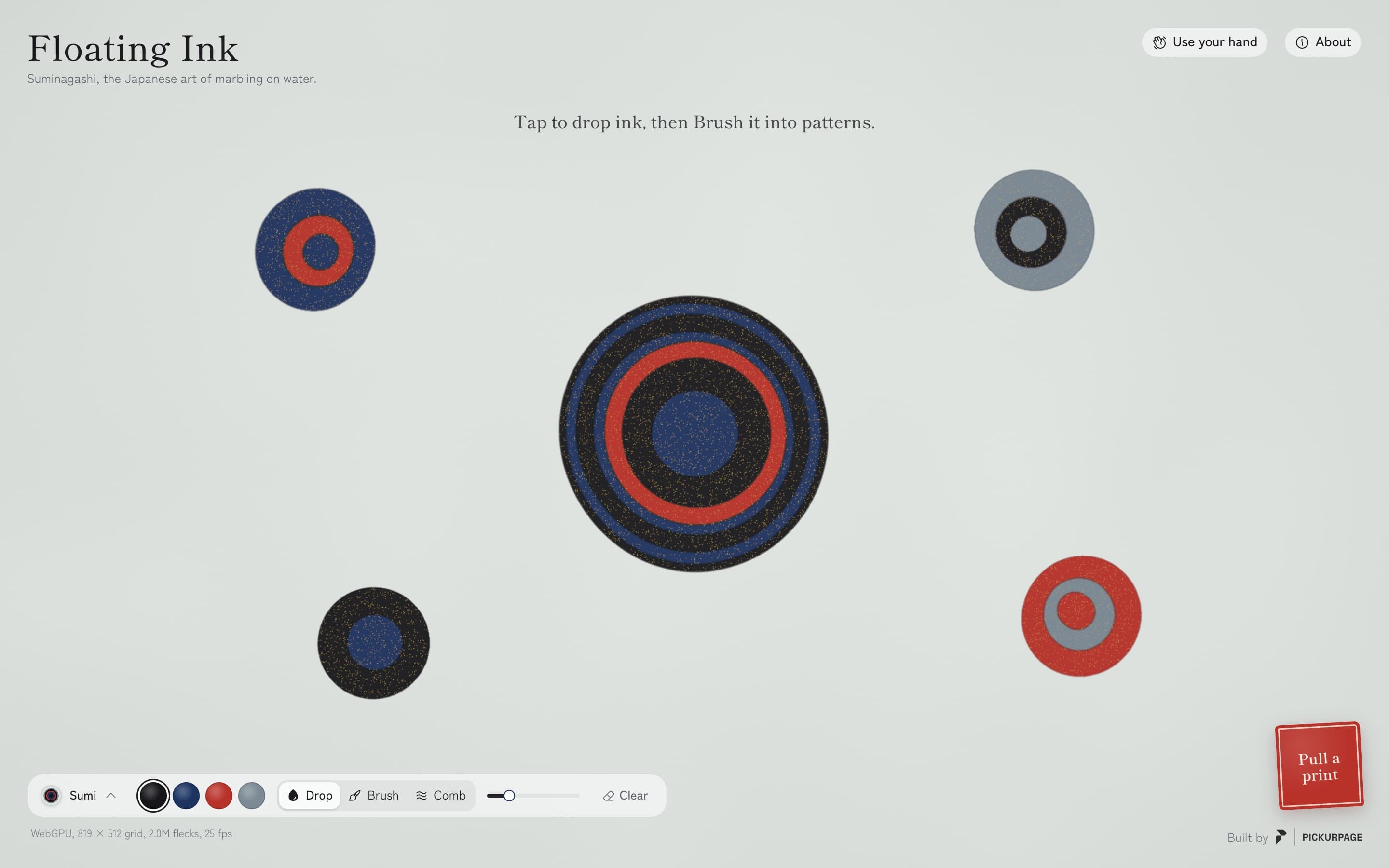 Floating Ink: rings of black, blue, red and grey ink floating on pale water, with the ink and tool controls below.