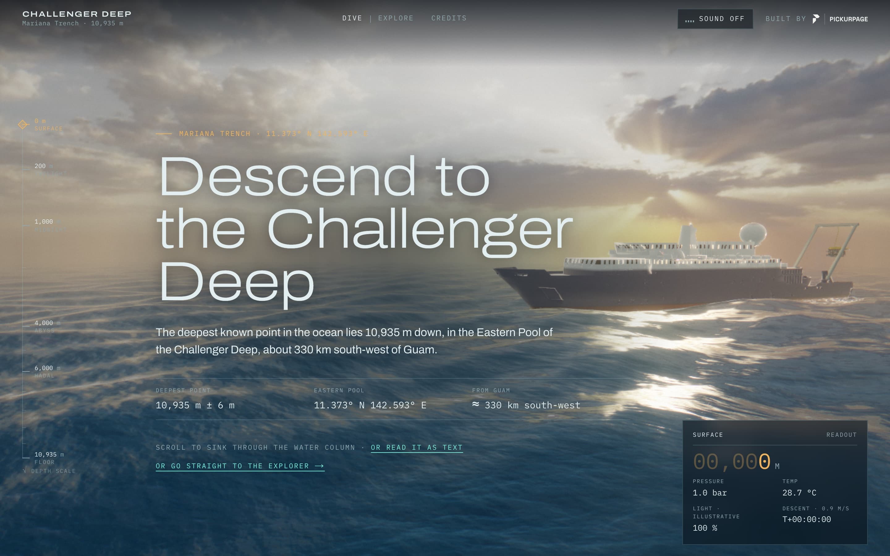 Challenger Deep: a research ship on the open ocean at sunset under the title “Descend to the Challenger Deep”, with a depth scale down the left.