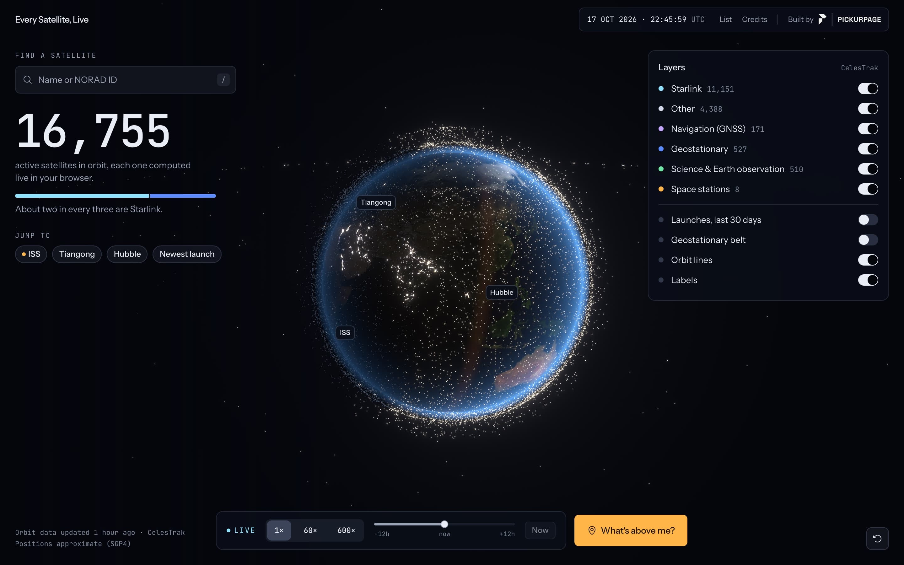 Every Satellite, Live: the Earth at night ringed by thousands of satellite dots, with the satellite count and the layer controls.