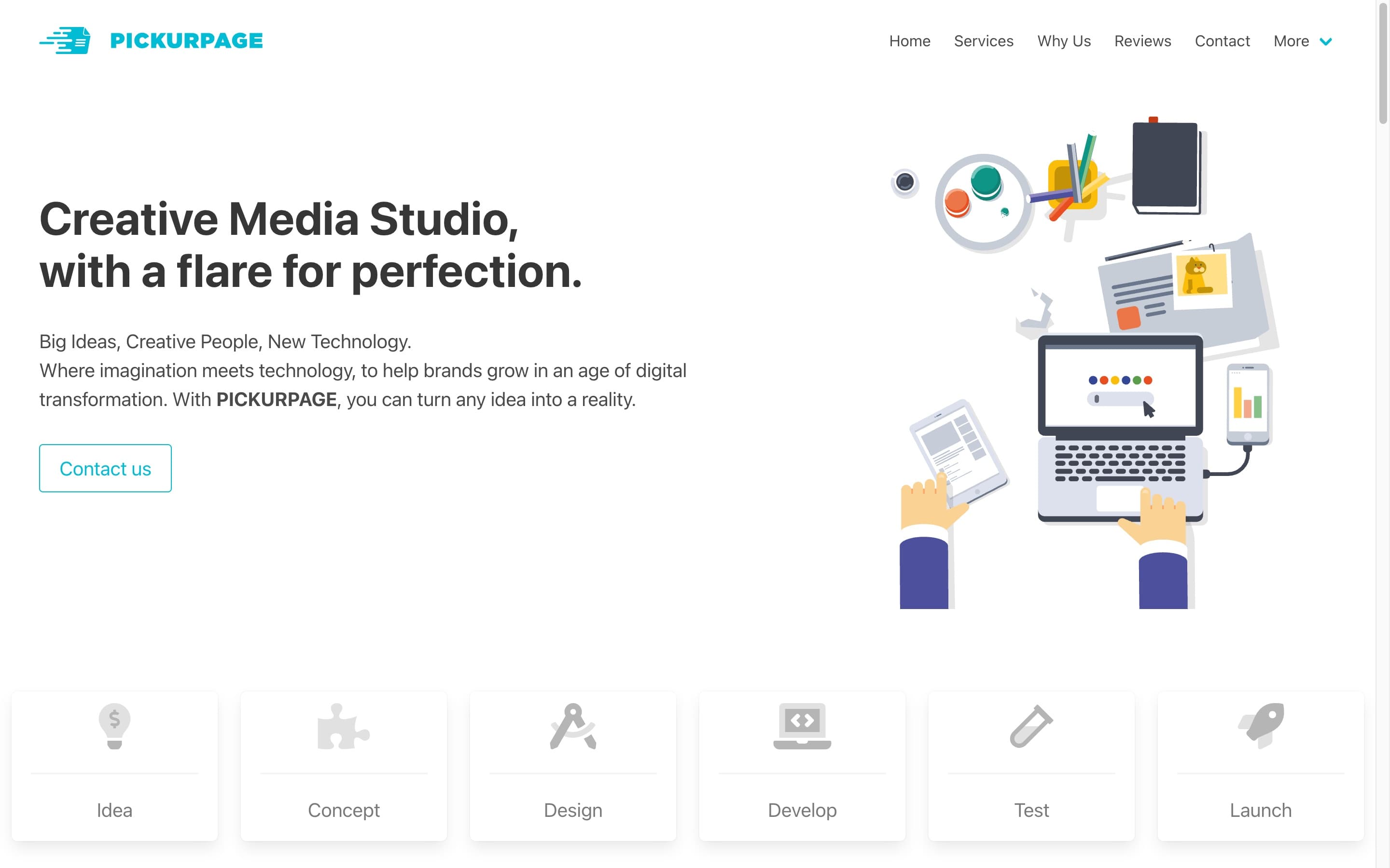 The previous PICKURPAGE site, 2020: “Creative Media Studio, with a flare for perfection.” beside a stock desk illustration.
