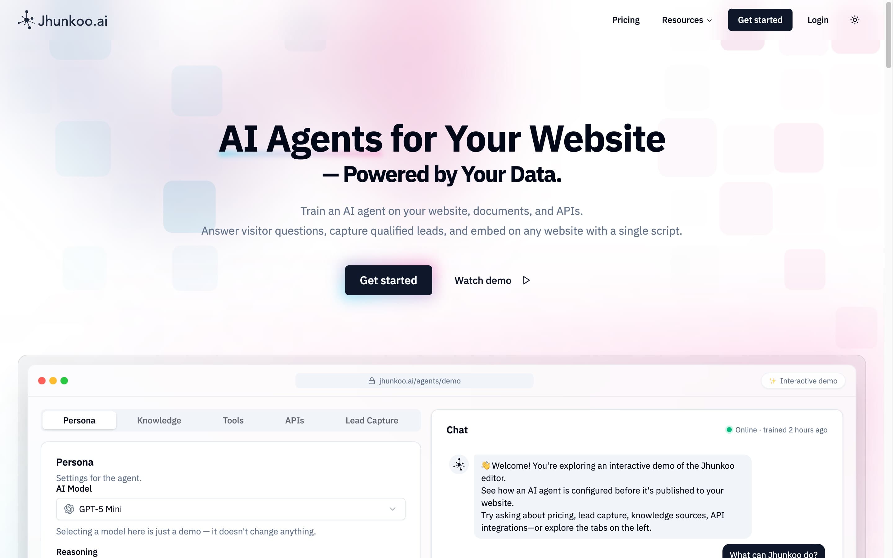 Jhunkoo.ai homepage: “AI Agents for Your Website — Powered by Your Data”, above an interactive demo of the agent editor and chat.