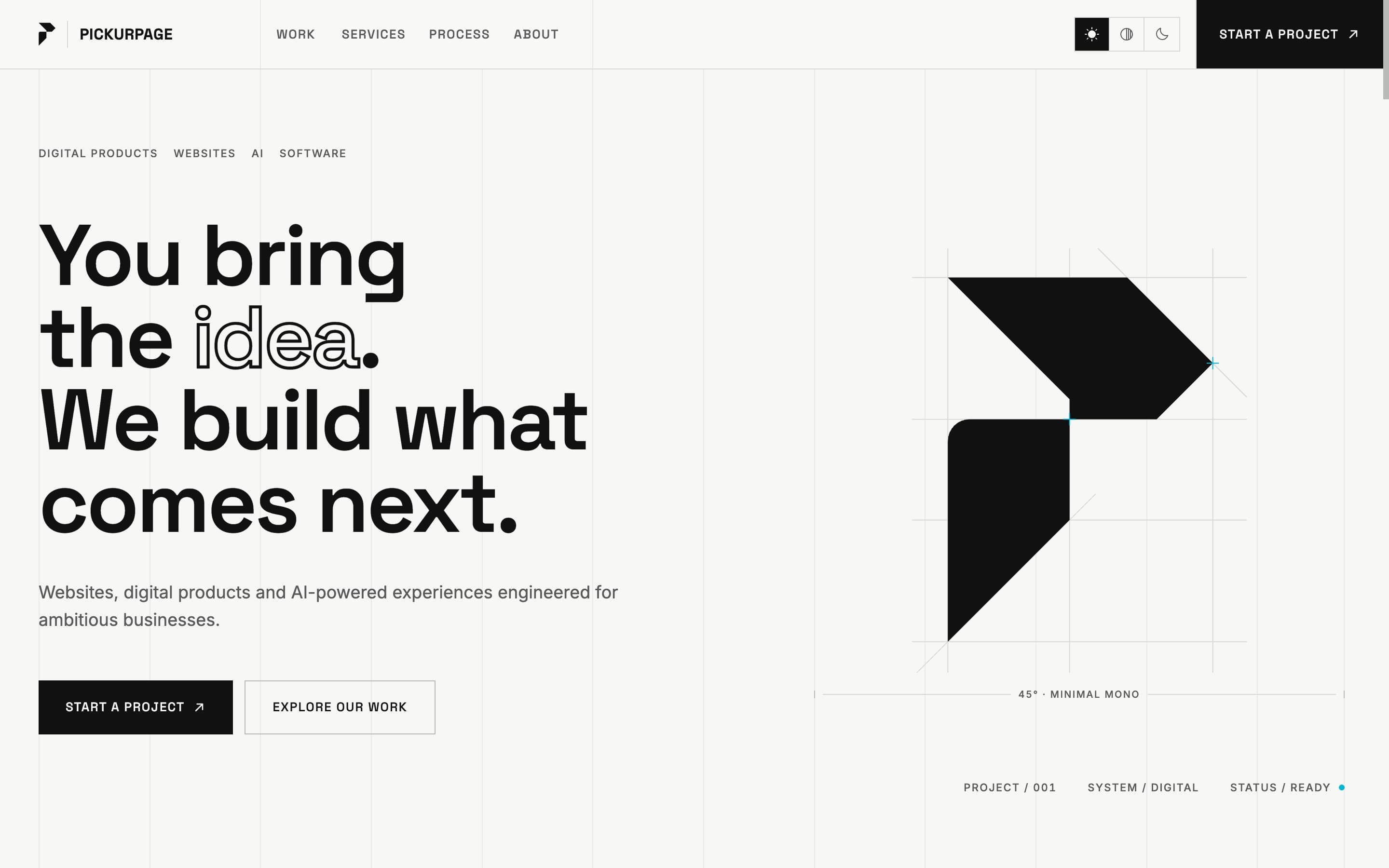 The PICKURPAGE homepage: “You bring the idea. We build what comes next.”, with the mark drawn from its 45° construction on a full-width grid.