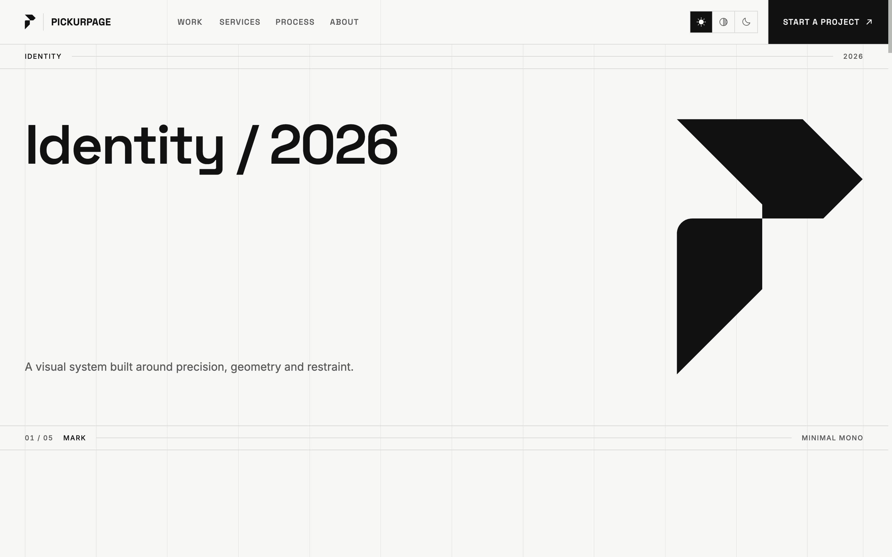 The /identity page: “Identity / 2026” beside the mark, above the first section of the design system documentation.
