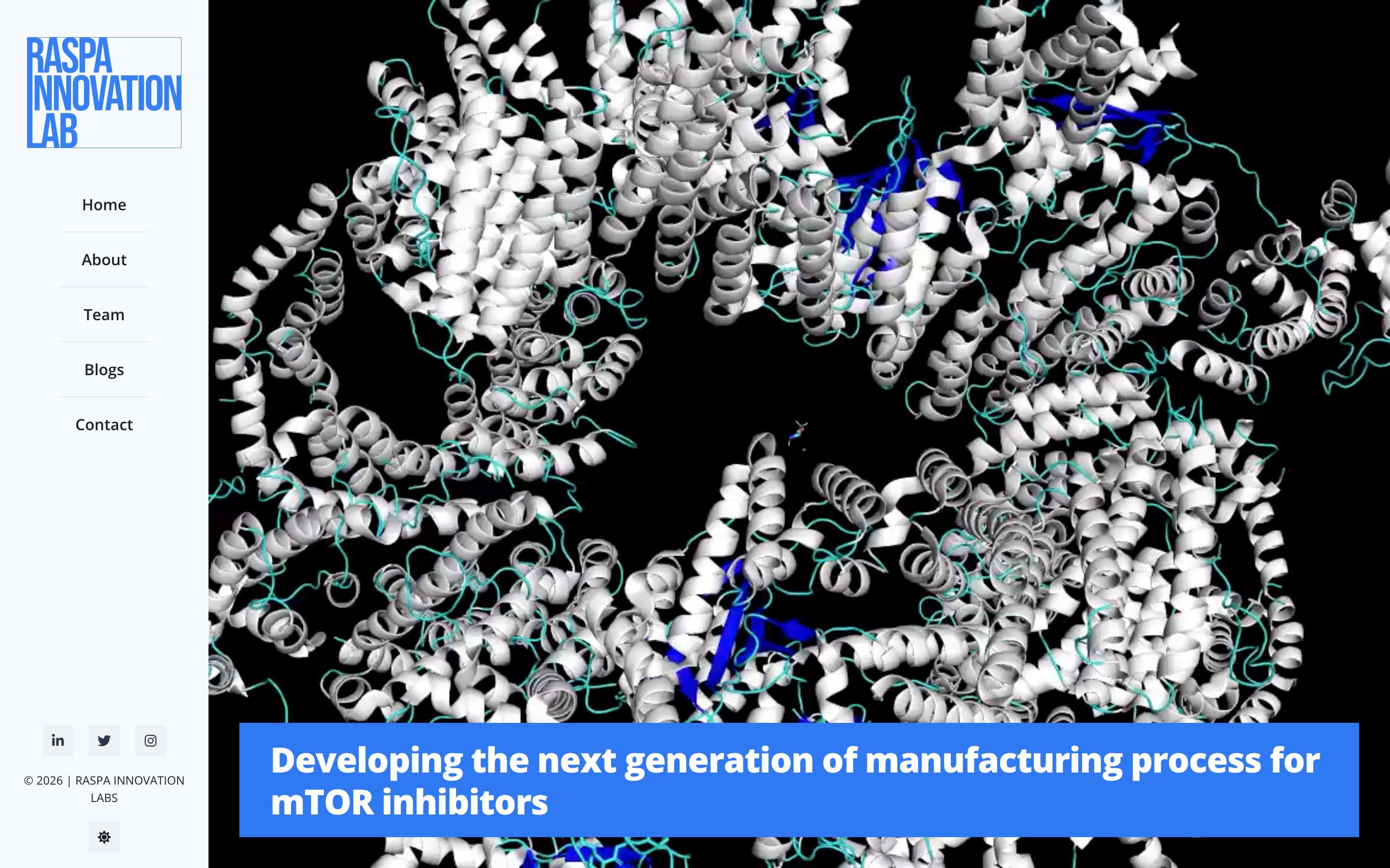 Raspa Innovation Lab homepage: a protein structure behind the line “Developing the next generation of manufacturing process for mTOR inhibitors”.