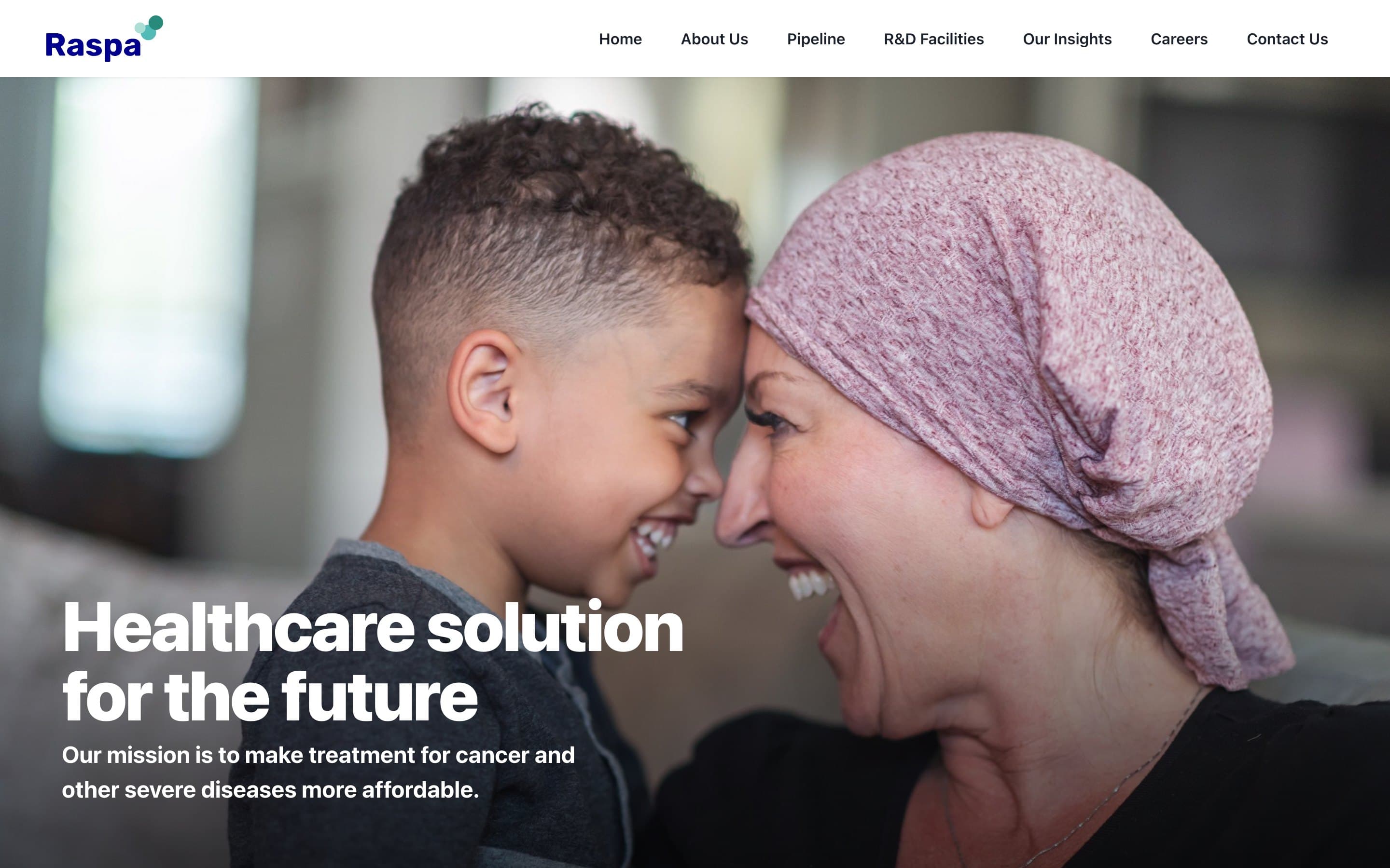 Raspa Pharma homepage: “Healthcare solution for the future”, with the mission to make cancer treatment more affordable.
