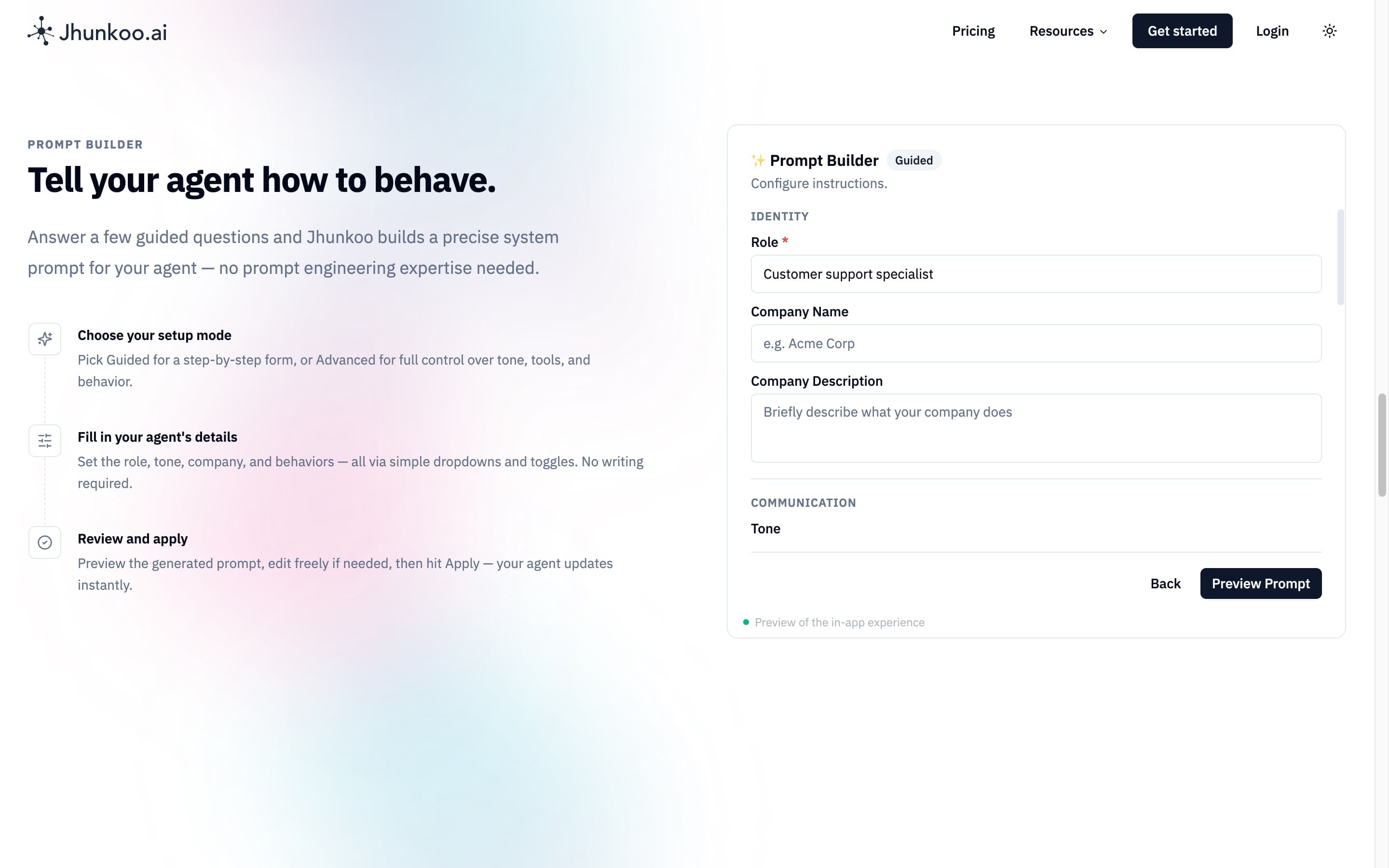 Jhunkoo.ai homepage section “Tell your agent how to behave.”: the guided prompt builder, with fields for the agent's role, company and tone.